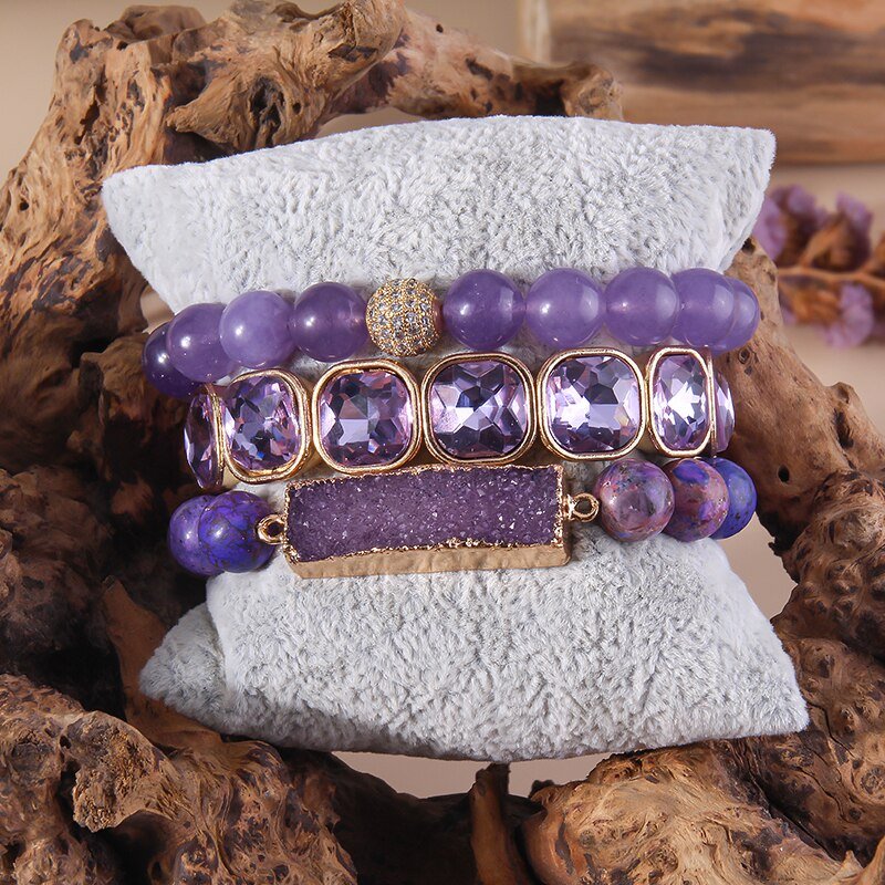 Amethyst Purple 5 PC Beaded Bracelet Set With Stone Druzy Charm