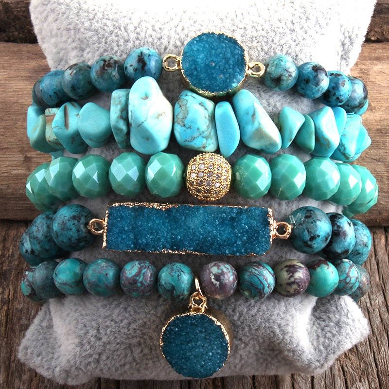 Natural Blue Green and Teal Turquoise Beaded Stone 5 Piece