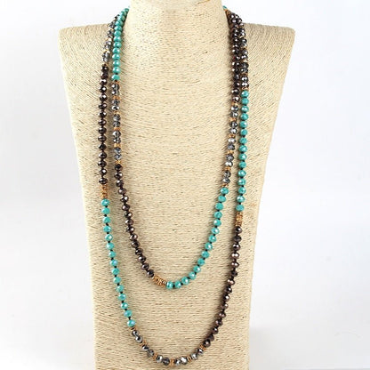 Boho Trendy Beaded Necklace With Green Turquoise Plus Silver, Brown and Gold Beads