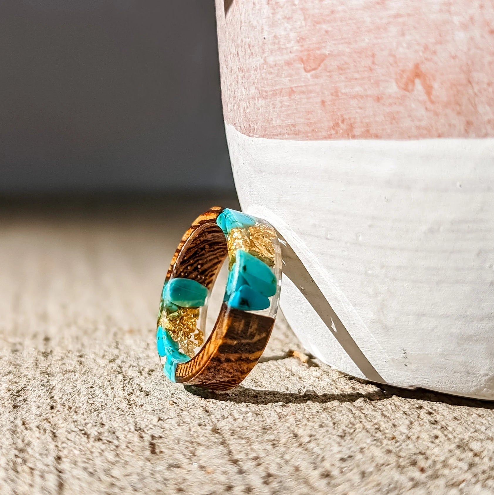 Handmade Natural Turquoise Stone With Gold Leads Resin Ring and Wood Like Accents - Turquoise Trading Co