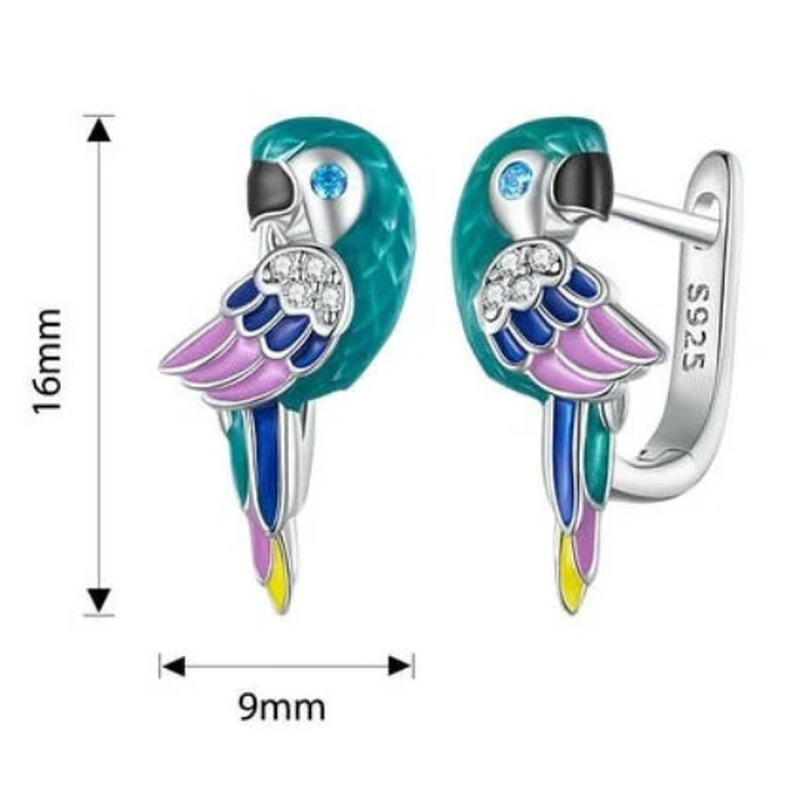 Colorful Turquoise, Blue and Pink Enamel Parrot Ear Buckle Earrings with 925 Sterling Silver