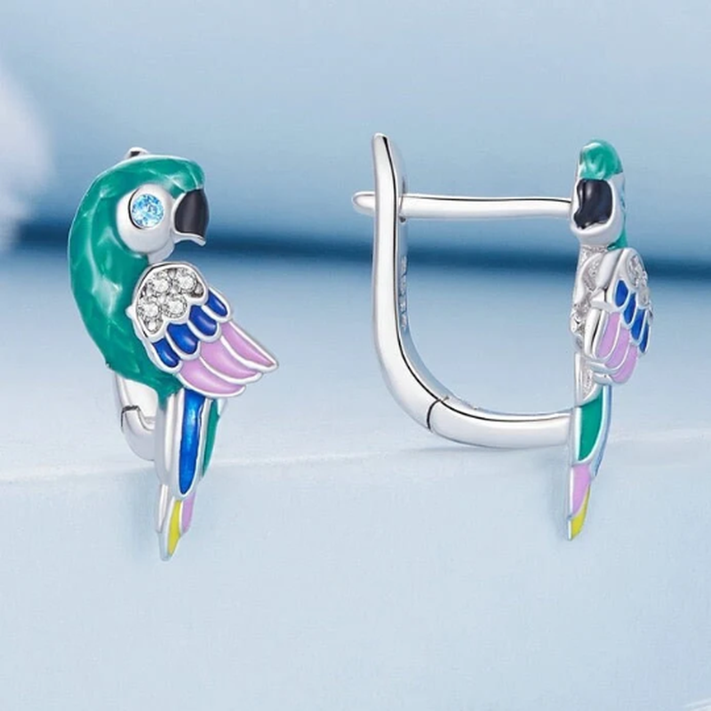 Colorful Turquoise, Blue and Pink Enamel Parrot Ear Buckle Earrings with 925 Sterling Silver