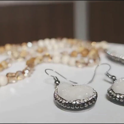 5 Piece White Beaded Bracelets Set with Matching Druzy White Stone Pendant Necklace