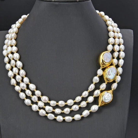3 Strand Baroque Cultured Pearl Necklace With Keshi Pearl Gold Accent - Turquoise Trading Co
