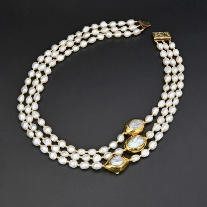 3 Strand Baroque Cultured Pearl Necklace With Keshi Pearl Gold Accent - Turquoise Trading Co