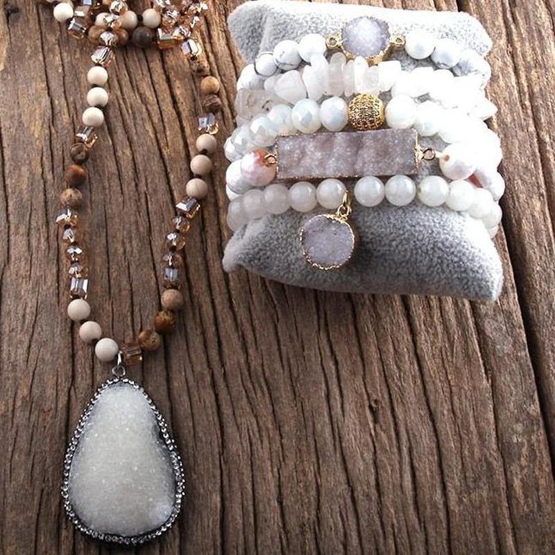 5 Piece White Beaded Bracelets Set with Matching Druzy White Stone Pendant Necklace - Turquoise Trading Co