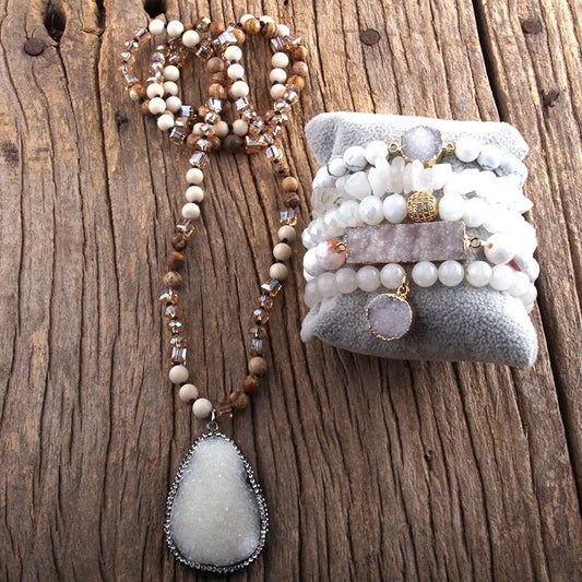 5 Piece White Beaded Bracelets Set with Matching Druzy White Stone Pendant Necklace - Turquoise Trading Co