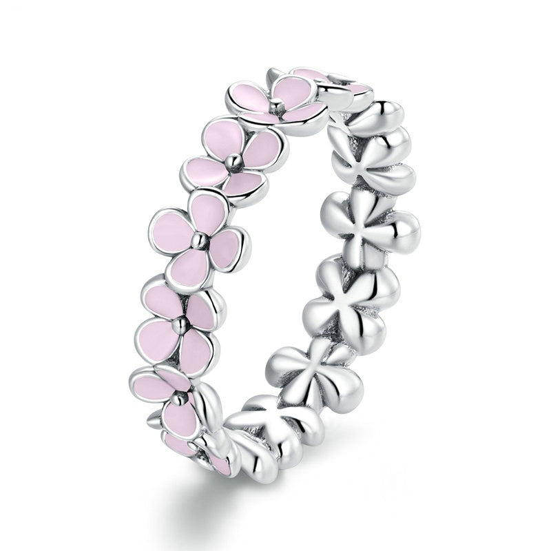 Cute Pink Flower Wreath Ring With 925 Sterling Silver