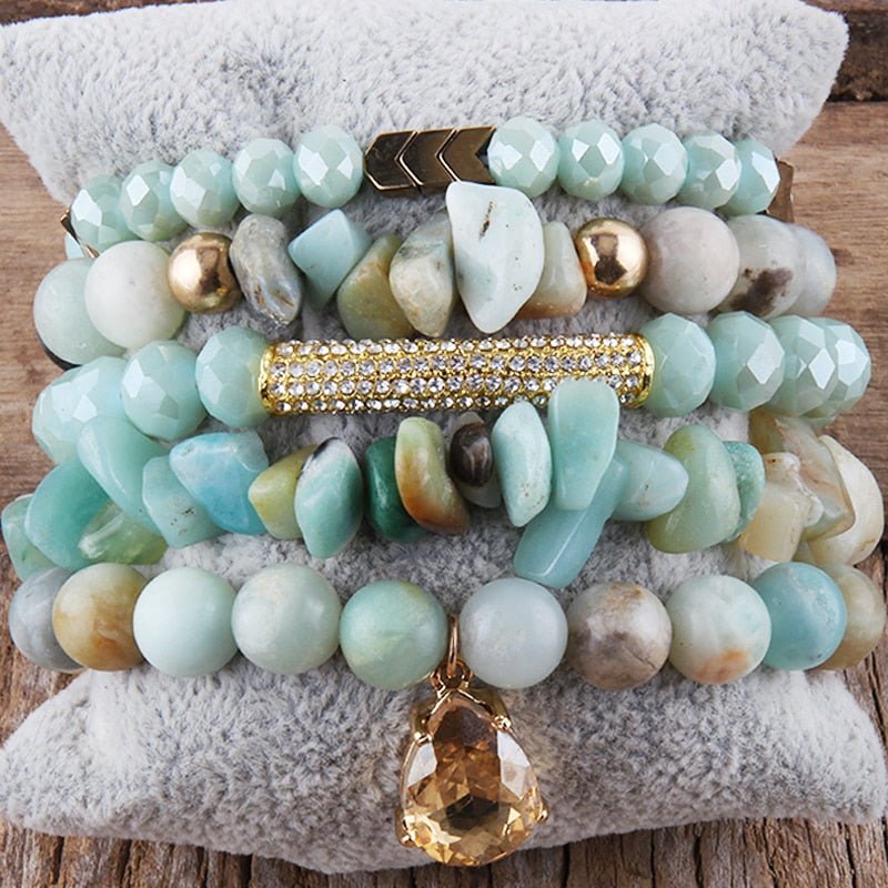 Amazonite 5 Piece Beaded Stack Bracelet Set With Charm - Turquoise Trading Co