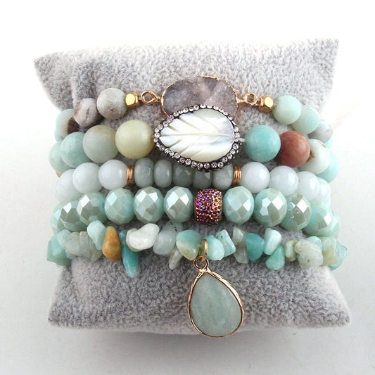 Amazonite Beaded Bracelet Set With 5 Pieces And Natural Amazonite Beads, Stone and Pendant - Turquoise Trading Co