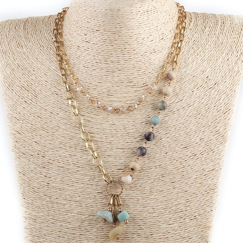 Amazonite Boho Necklace with 2 Layer Gold Link and Natural Amazonite Stones - Turquoise Trading Co