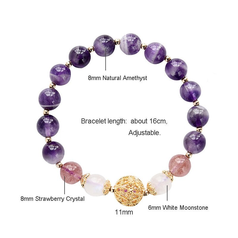 Amethyst Beaded Bracelet With Moonstone, Strawberry Crystal and Gold - Turquoise Trading Co