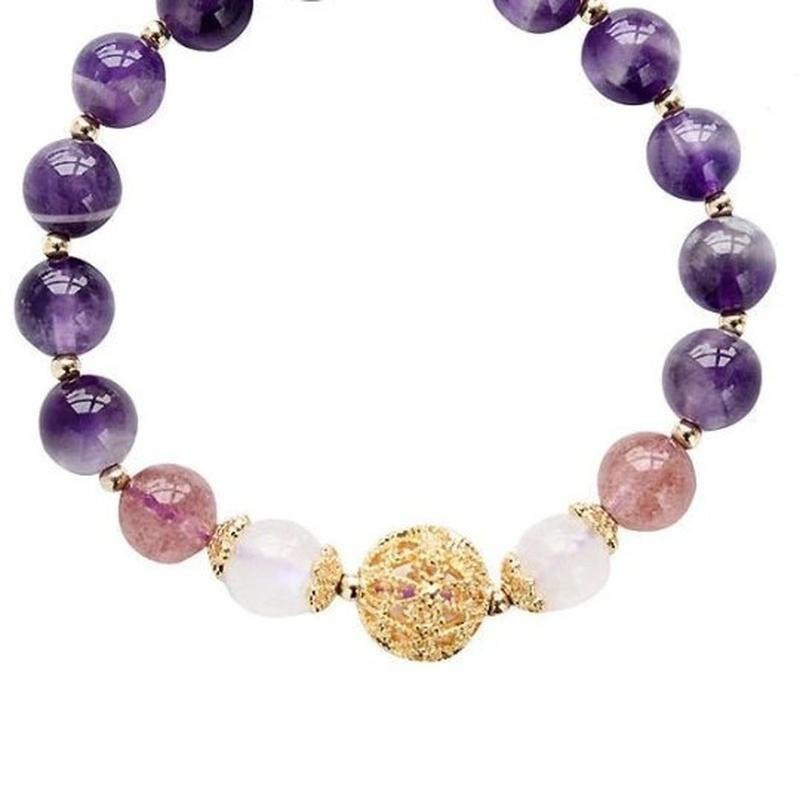Amethyst Beaded Bracelet With Moonstone, Strawberry Crystal and Gold - Turquoise Trading Co