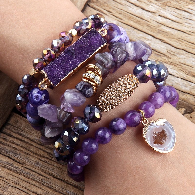 Amethyst Purple 5 PC Beaded Bracelet Set With Stone Druzy Charm - Turquoise Trading Co