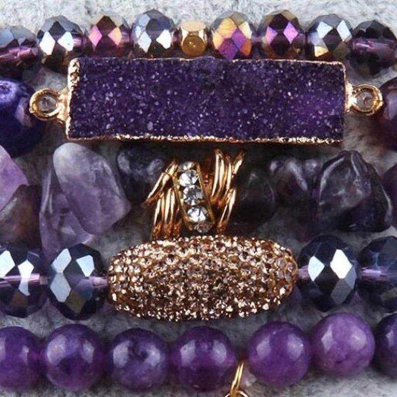 Amethyst Purple 5 PC Beaded Bracelet Set With Stone Druzy Charm - Turquoise Trading Co