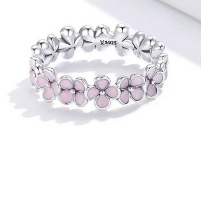Cute Pink Flower Wreath Ring With 925 Sterling Silver