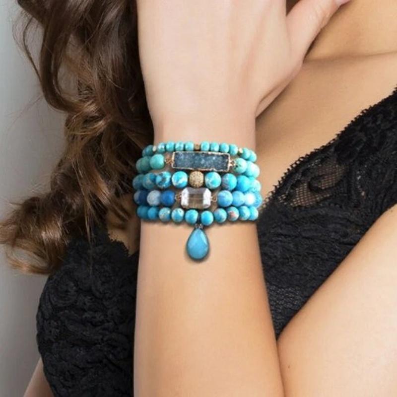 Beaded Bracelet Set With 5 Pieces And Blue Turquoise Beads, Stones and Pendants - Turquoise Trading Co