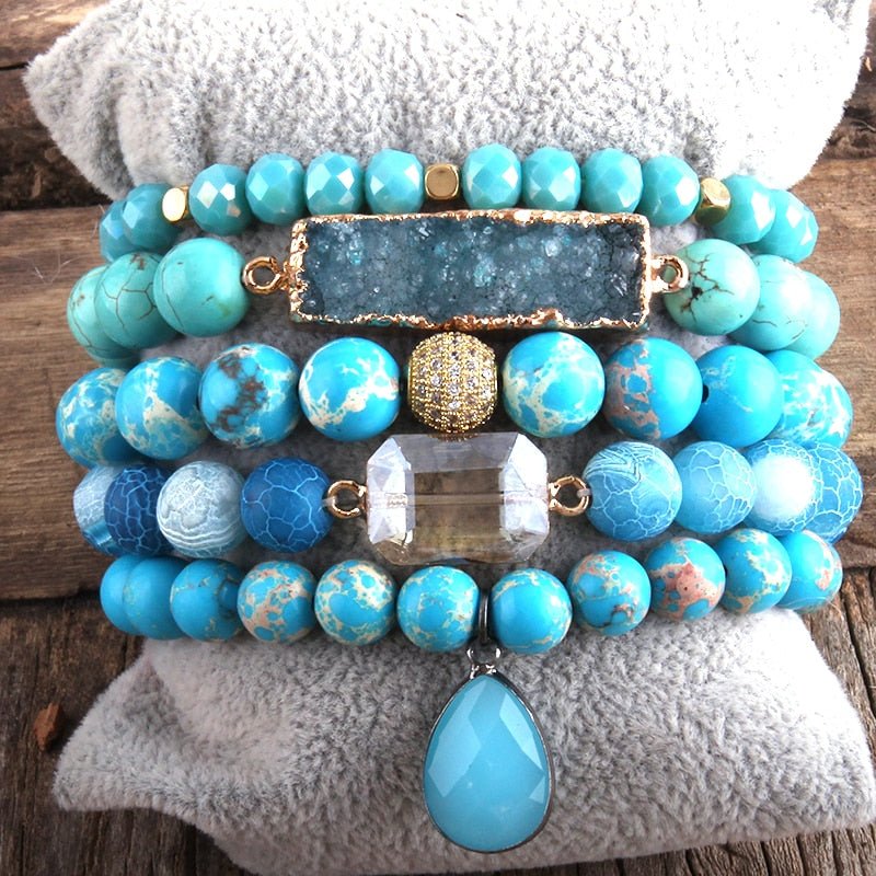 Beaded Bracelet Set With 5 Pieces And Blue Turquoise Beads, Stones and Pendants - Turquoise Trading Co