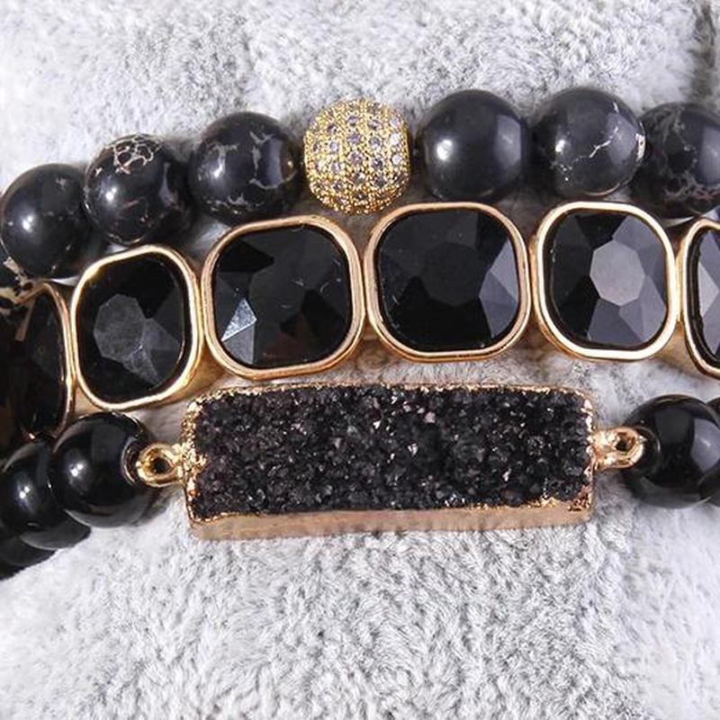 Black 3 Piece Beaded Bracelet Druzy Stone Set - Turquoise Trading Co
