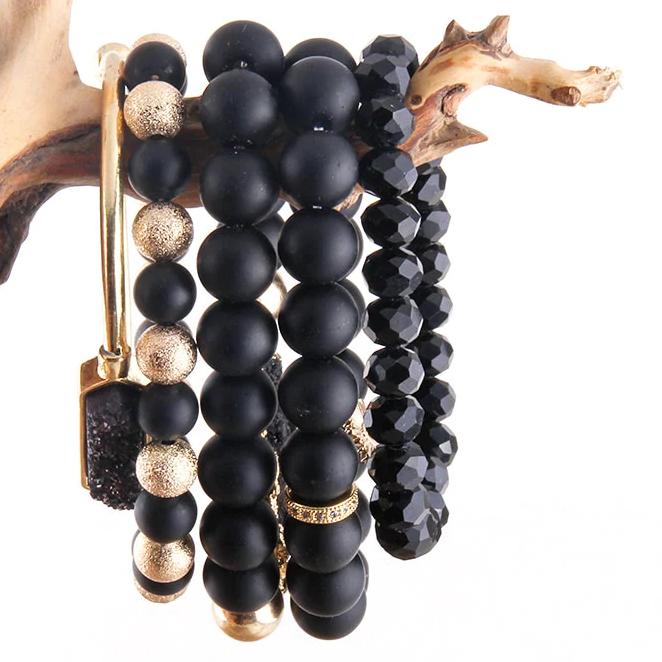 Black and Gold 5 Pc Druzy Beaded Bracelet Set with Bangle - Turquoise Trading Co