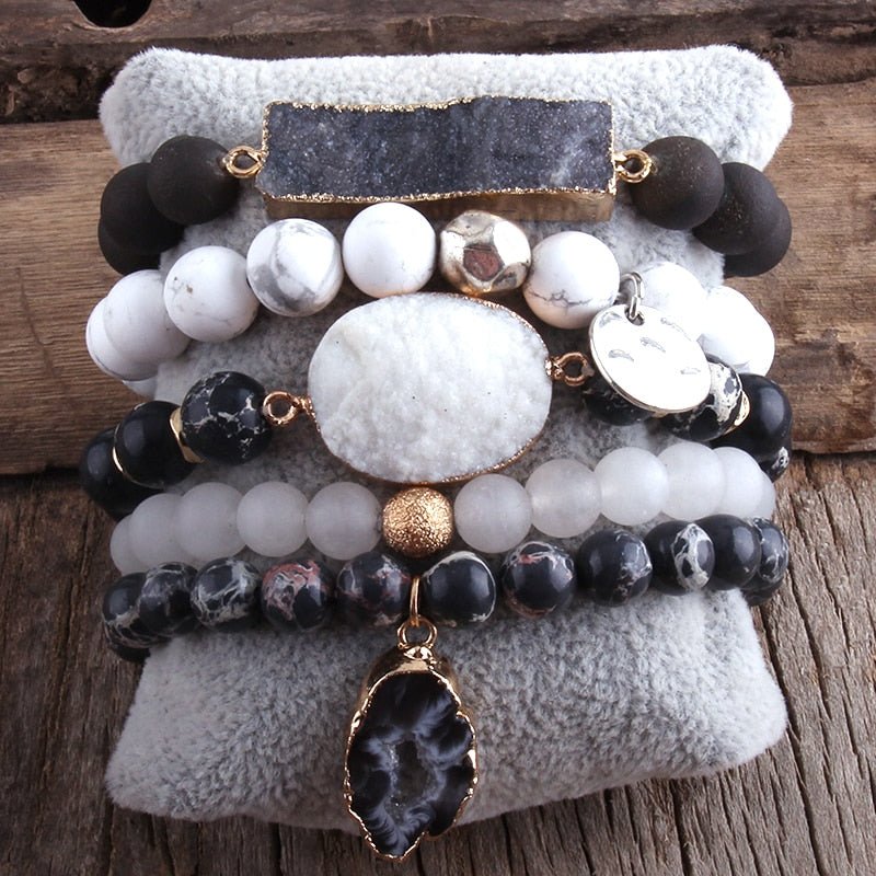 Black and White 5 Piece Mixed Beaded Bracelet Set With Druzy Stones - Turquoise Trading Co