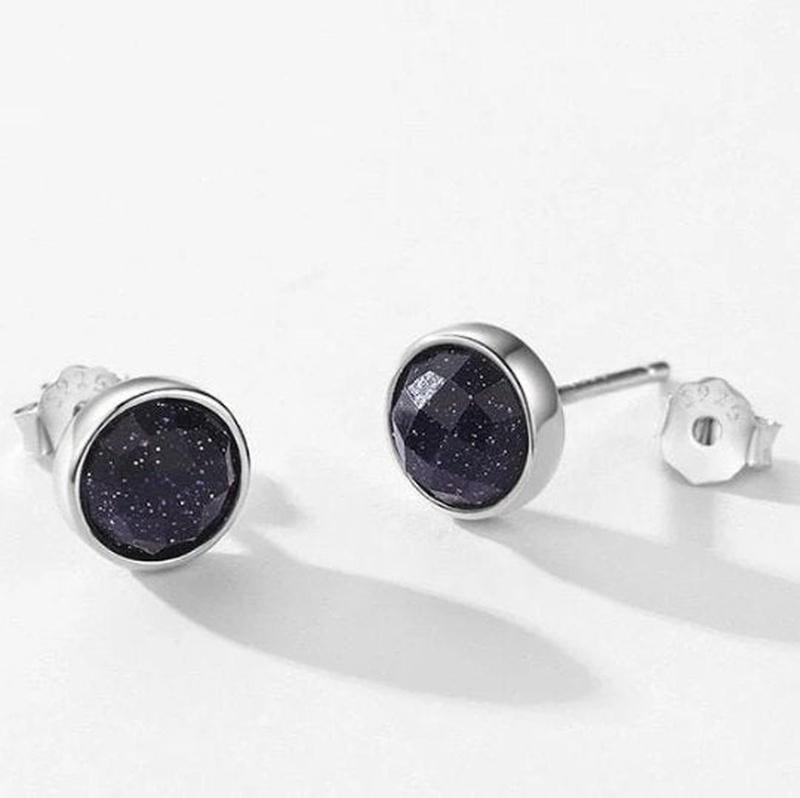 Black Aventurine Sparkling Round Stud Earrings with 925 Sterling Silver - Turquoise Trading Co