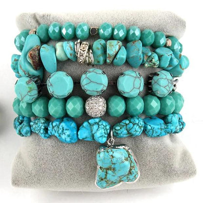 Blue and Green Turquoise Mixed Beaded Bracelet Set With Matching Ring - Turquoise Trading Co