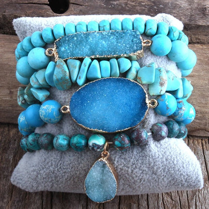 Blue and Turquoise Natural 5 Piece Beaded Bracelet Sets With 3 Druzy Stones - Turquoise Trading Co