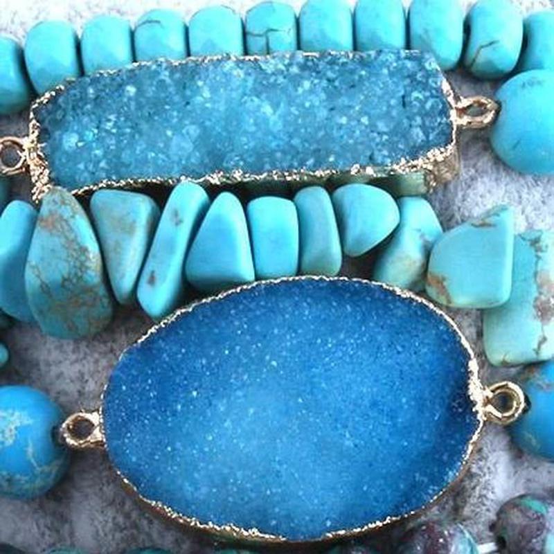 Blue and Turquoise Natural 5 Piece Beaded Bracelet Sets With 3 Druzy Stones - Turquoise Trading Co
