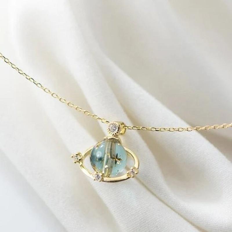Blue Glass Crystal Planet Gold Plated Pendant Necklace with 925 Sterling - Turquoise Trading Co