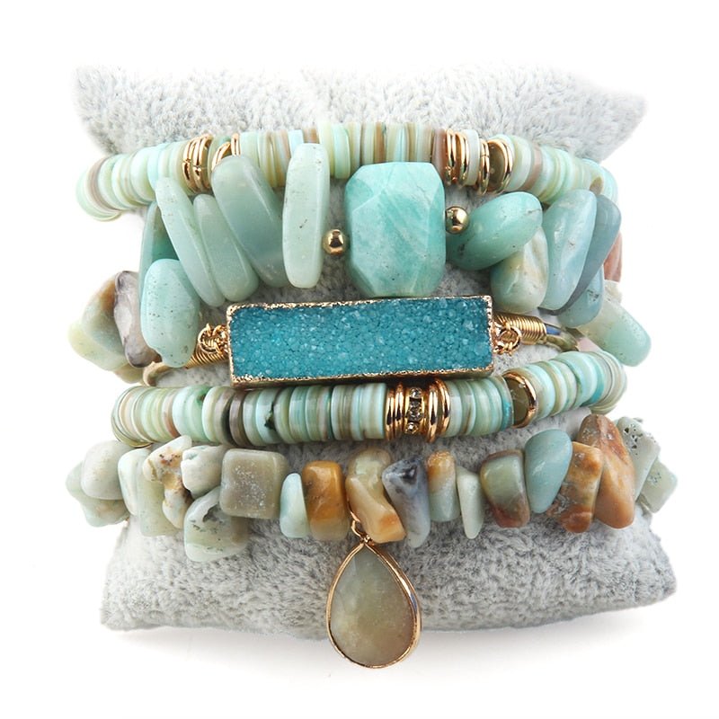 Blue Green Amazonite 5 Pc Beaded Bracelet Set With Stunning Aqua Stone Bangle - Turquoise Trading Co