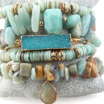 Blue Green Amazonite 5 Pc Beaded Bracelet Set With Stunning Aqua Stone Bangle - Turquoise Trading Co