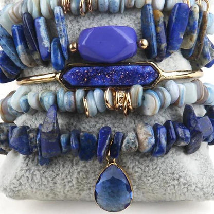 Blue Irregular 5 Piece Beaded Bracelet Set with Blue Stone Bengal - Turquoise Trading Co