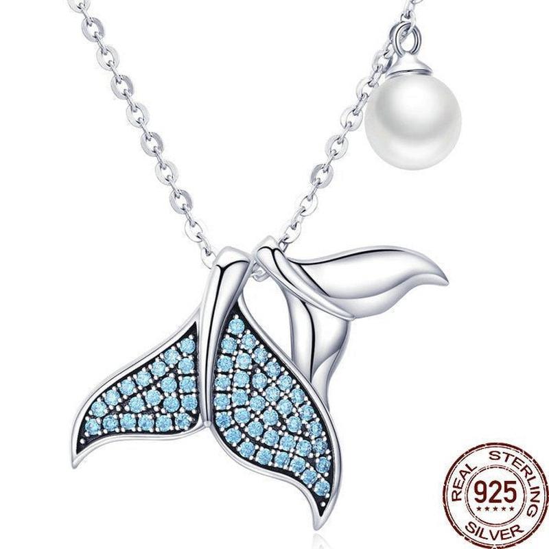 Blue Mermaid Tail Pendant Necklace With Real Pearl and 925 Sterling Silver - Turquoise Trading Co