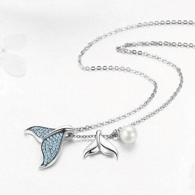 Blue Mermaid Tail Pendant Necklace With Real Pearl and 925 Sterling Silver - Turquoise Trading Co