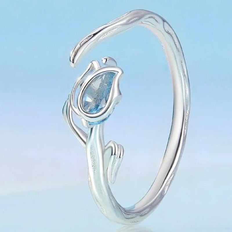 Blue Tulip Flower Adjustable Finger Ring With 925 Sterling Silver - Turquoise Trading Co