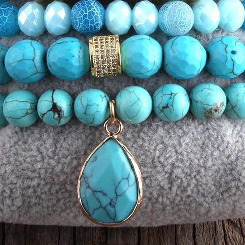Blue Turquoise 5 Piece Beaded Bracelet Set With Druzy Stone and Turquoise Charm - Turquoise Trading Co