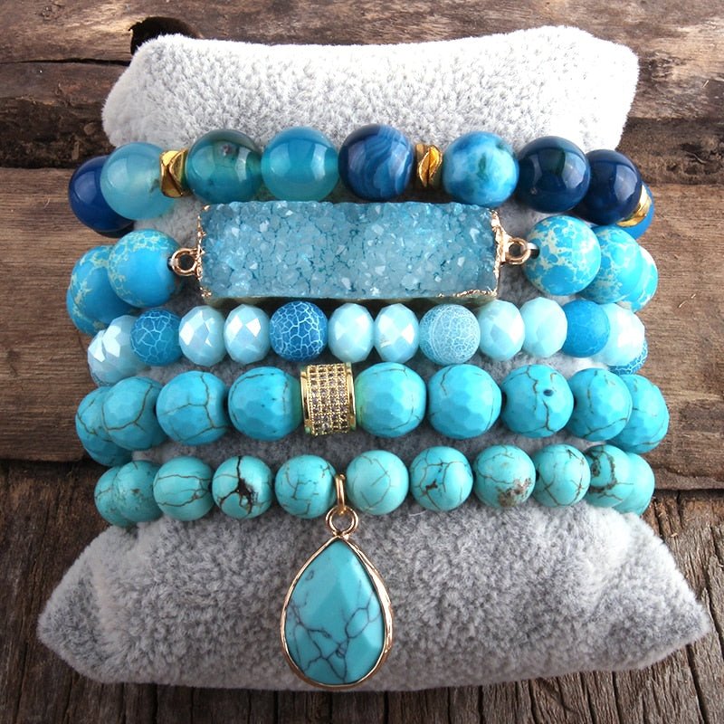 Blue Turquoise 5 Piece Beaded Bracelet Set With Druzy Stone and Turquoise Charm - Turquoise Trading Co