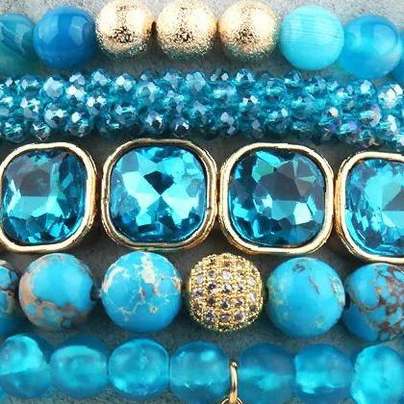 Blue Turquoise 5 Piece Multi Beaded Bracelet Set With Blue Glass Charm - Turquoise Trading Co