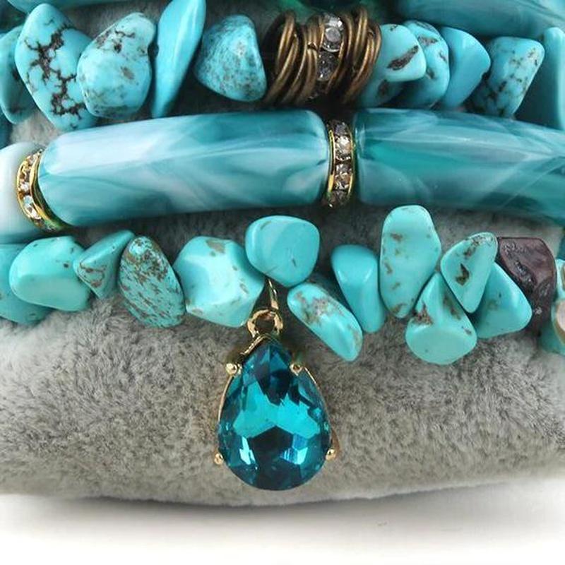 Blue Turquoise 5 Piece Stones & Tubes Beaded Bracelet Set with Charms - Turquoise Trading Co