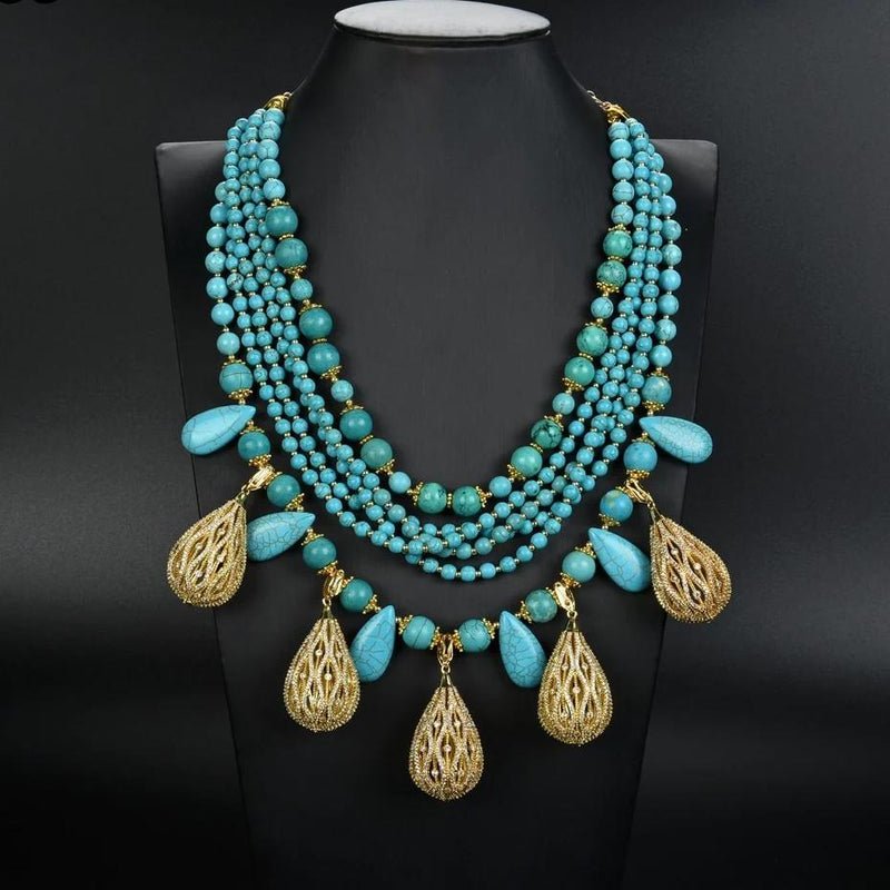 Blue Turquoise and Teardrop 6 Strand Gold Statement Necklace - Turquoise Trading Co