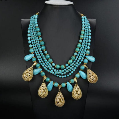 Blue Turquoise and Teardrop 6 Strand Gold Statement Necklace - Turquoise Trading Co