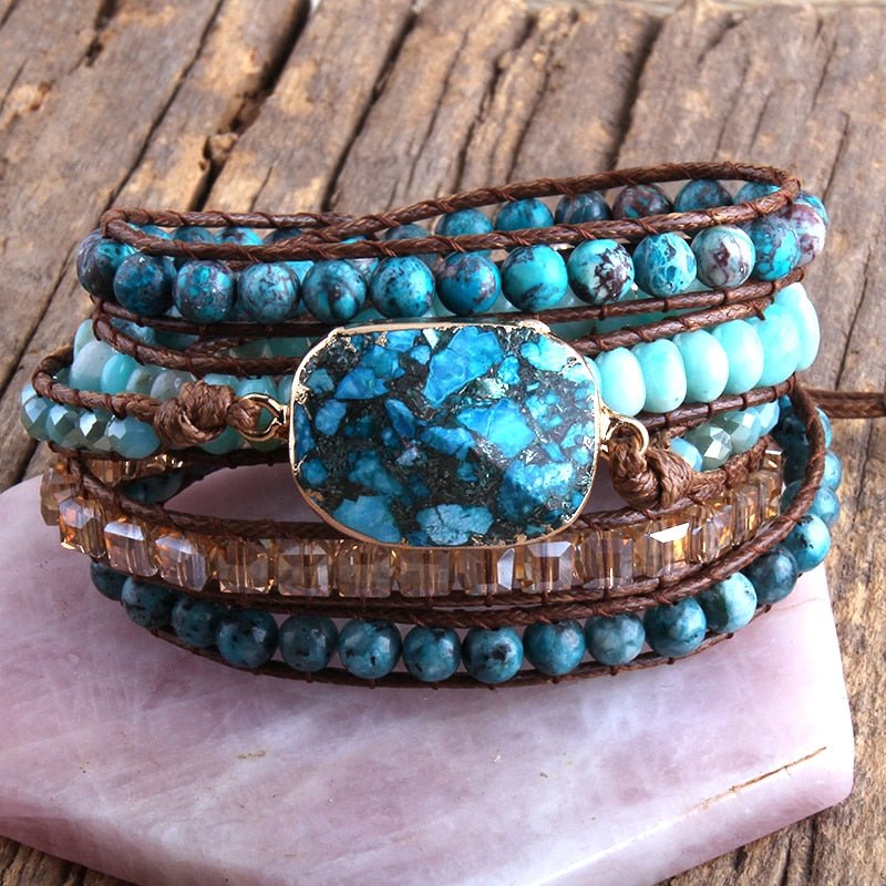 Blue Turquoise Boho Leather Wraped Beaded Bracelet With Natural Turquoise Pendant And Beads - Turquoise Trading Co