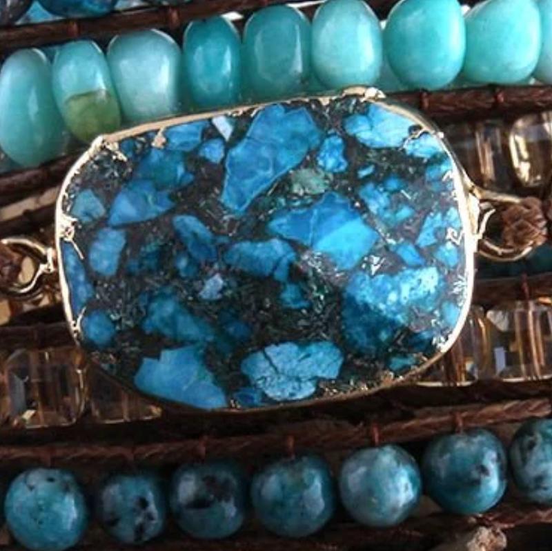 Blue Turquoise Leather Wraped Beaded Bracelet With Natural Turquoise Pendant - Turquoise Trading Co