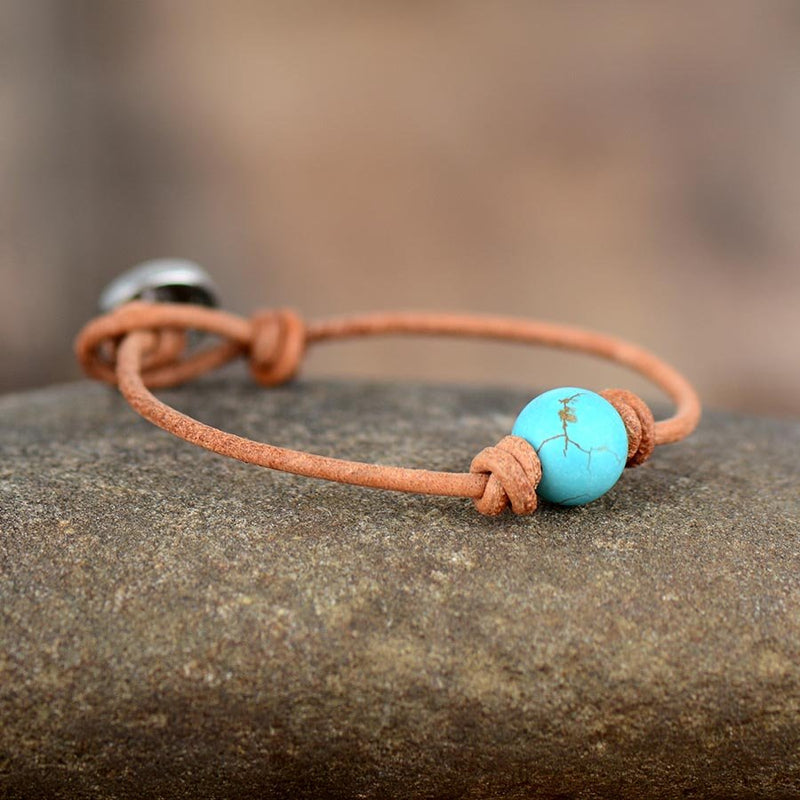 Boho Leather Strap Minimalist Bracelet with Turquoise Bead - Turquoise Trading Co