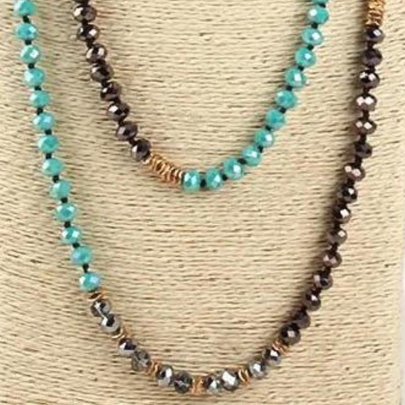 Boho Trendy Beaded Necklace With Green Turquoise Plus Silver, Brown and Gold Beads - Turquoise Trading Co