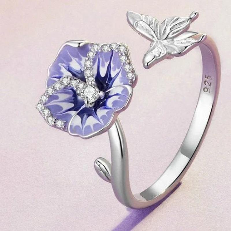 Butterfly 925 Sterling Silver Adjustable Ring with Purple Flower - Turquoise Trading Co