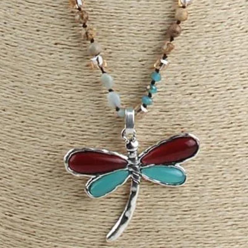 Butterfly Beaded Stone Necklace With Turquoise And Red Agate And 2.5 Inch Mixed Beads - Turquoise Trading Co