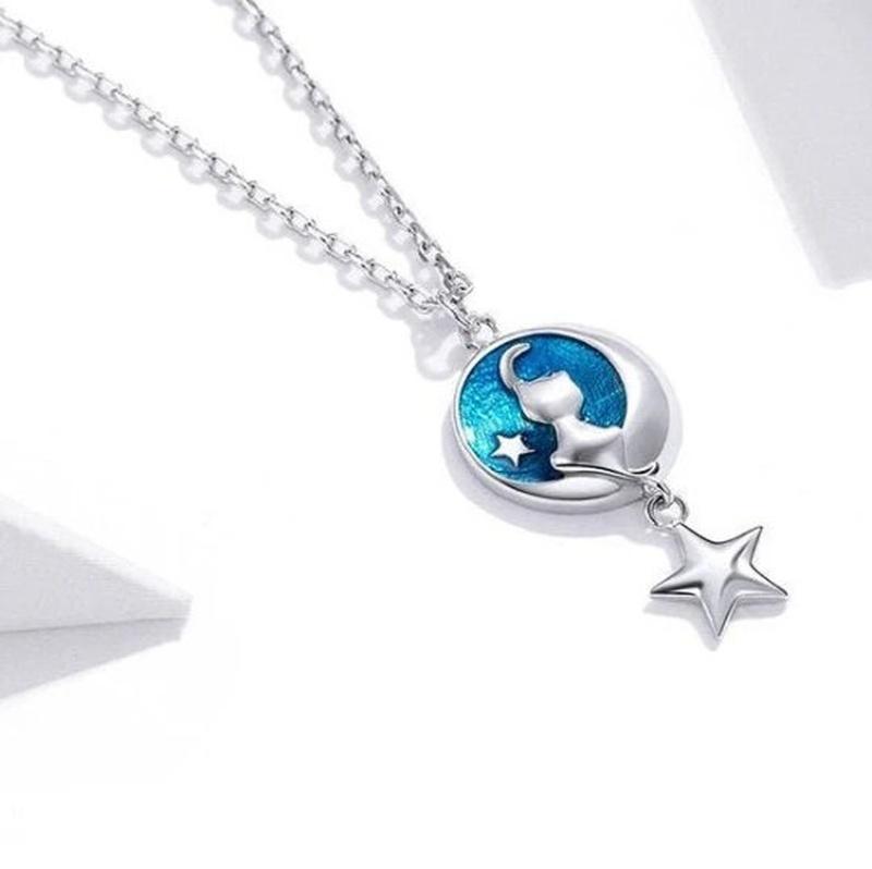 Cat, Moon, And Star Blue and Silver Pendant Necklace With 925 Sterling Silver - Turquoise Trading Co