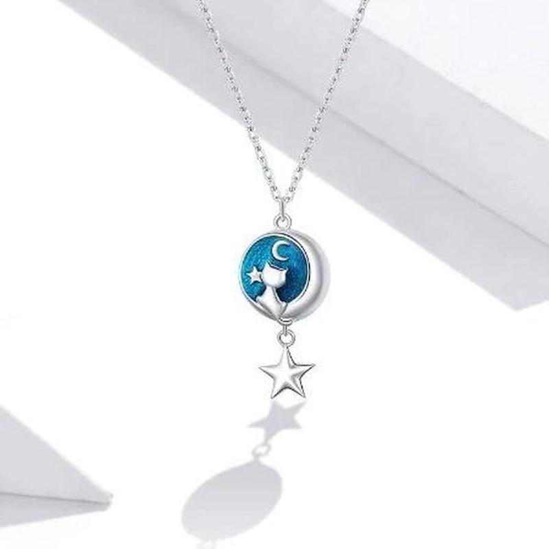 Cat, Moon, And Star Blue and Silver Pendant Necklace With 925 Sterling Silver - Turquoise Trading Co